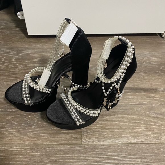 Sugar Thrillz Shoes - Sugar Thrillz Black Pearl-Embellished Platform Heels